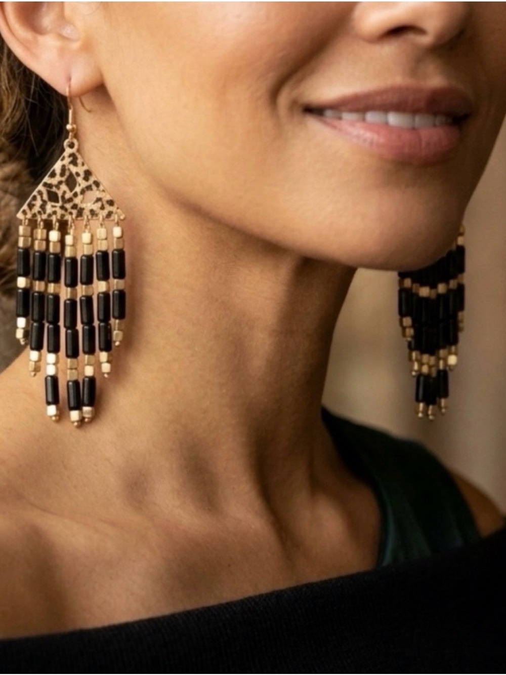Plunder Gold and Black Beaded Fringe Drop Earrings - Women Jewelry